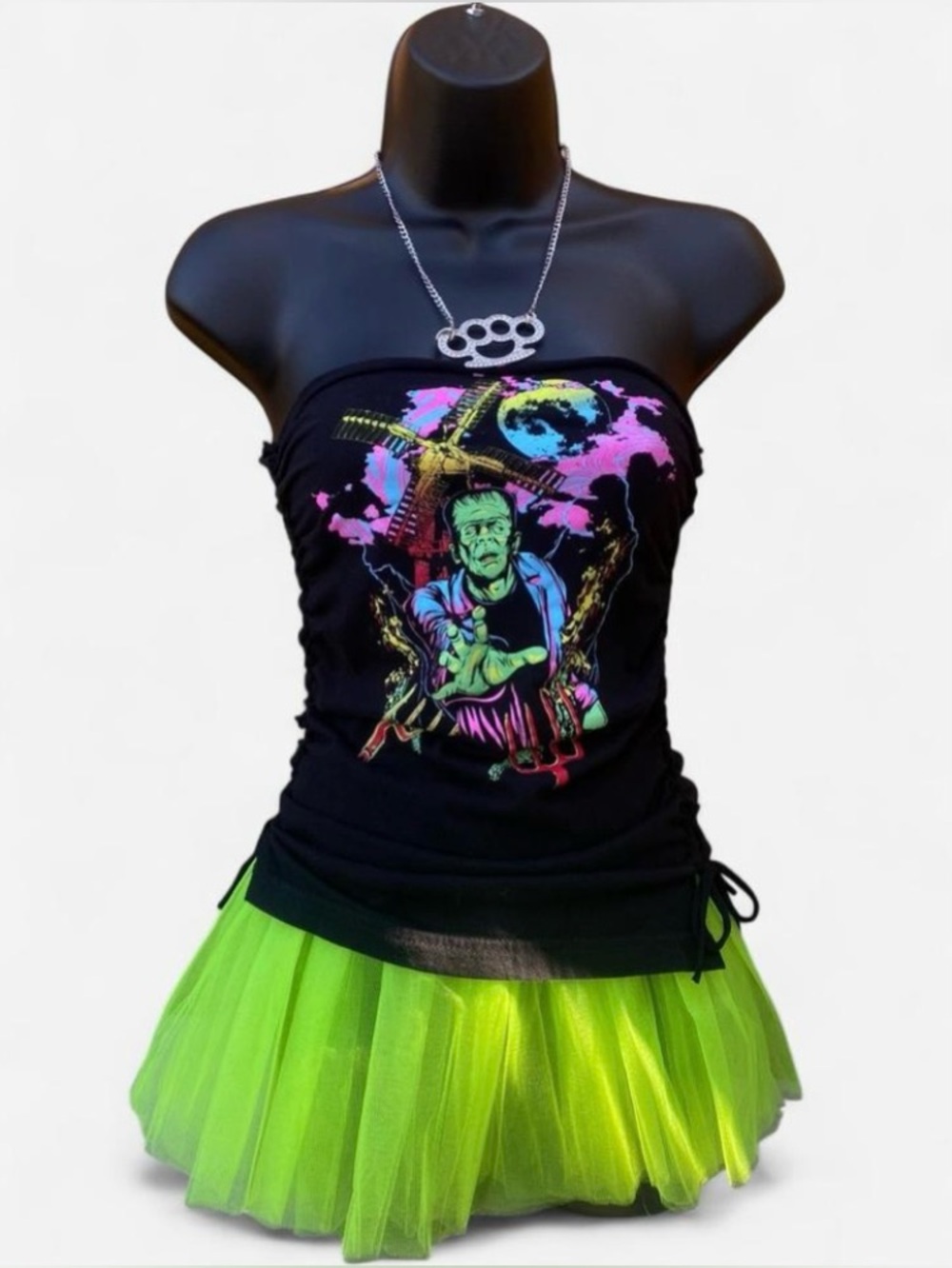 Handmade Frankenstein Neon & Black Tube Top with Cut Out Back